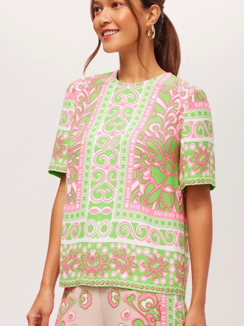Trina Turk Rigs Short Sleeve Top Pink Green Print Women’s XXL